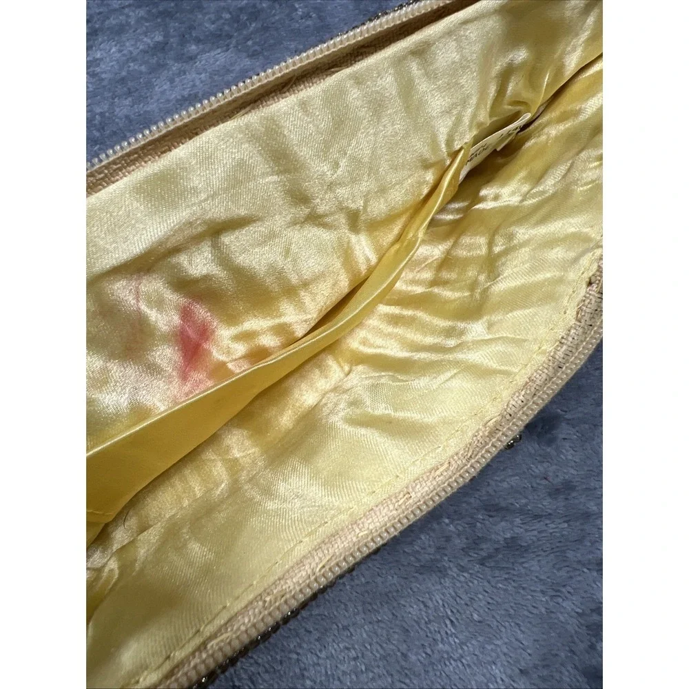 Vintage Handbag Sequence Gold Zip Purse Makeup 80s Retro Floral Seed‎ Bead Glam